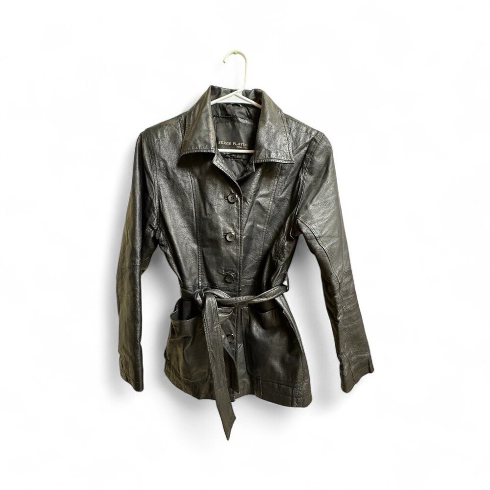 Serge Platini Genuine Leather Jacket Black Belted Medium Italy Style